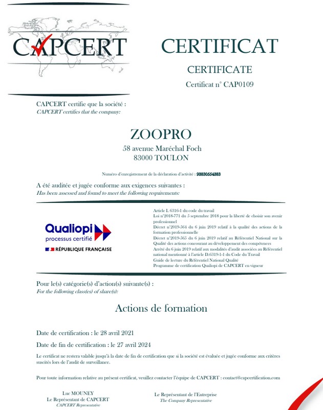 formations animalières certifiées Qualiopi zoopro